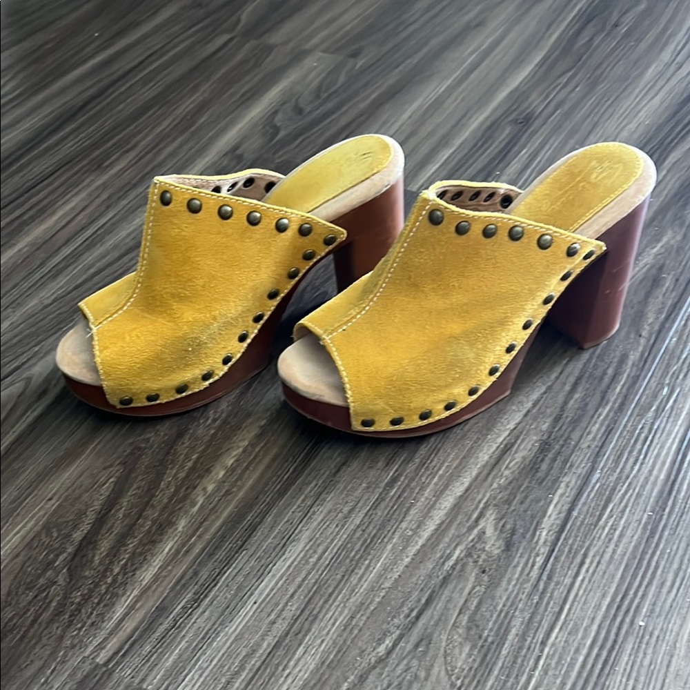 Sbicca Yellow and Brown Leather Clogs with Studded Detail